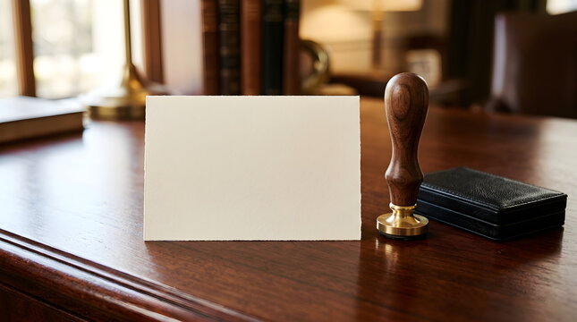 Blank Vintage Paper Card with Wax Seal Stamp on Wooden Desk