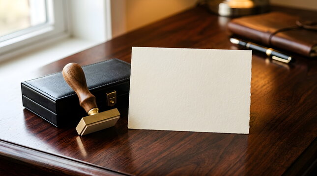 Blank Vintage Paper Card with Wax Seal Stamp on Wooden Desk