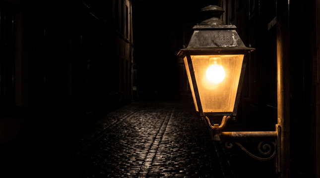 Old fashioned metal street lamp glowing on a dark cobblestone path at night time