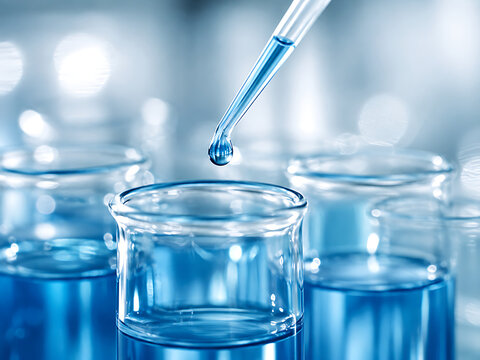 Laboratory pipette releasing a blue liquid drop into a glass beaker, representing chemical analysis, pharmaceutical research, precision testing and science.