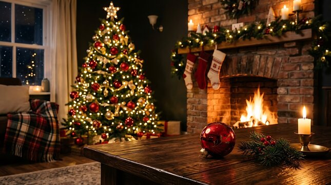 Cozy living room interior with decorated christmas tree and fireplace, christmas