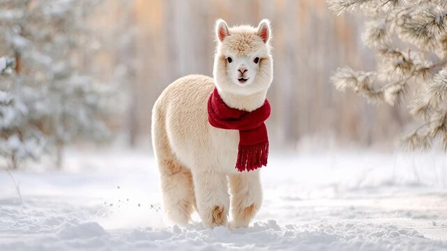 ?Adorable alpaca in red scarf strolling through snowy winter wonderland