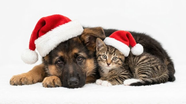 Cute German Shepherd puppy and little tabby kitten wearing festive red Santa hats lying together for Christmas holiday season celebration showcasing animal friendship and pet love in isolated
