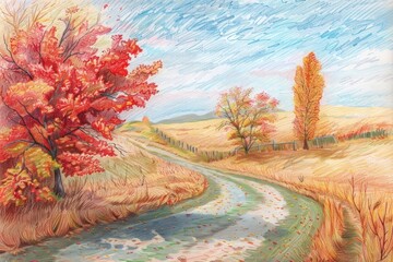 Obraz premium Autumn landscape painting outdoors scenery.