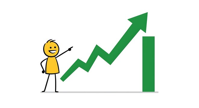 Cartoon character pointing at increasing arrow chart on a white background