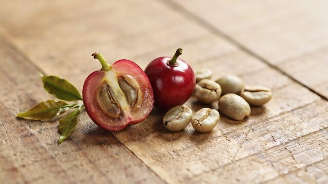 Freshly picked coffee cherries beside raw unroasted beans on a distressed wooden surface with alongside several unroasted branch resting rustic