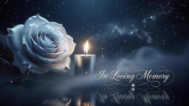 Blue Rose and Candle In Loving Memory Card with Starry Night Background