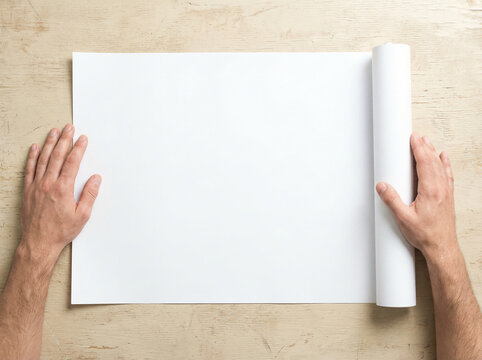 Hand Holding Blank White Paper Roll Poster Mockup