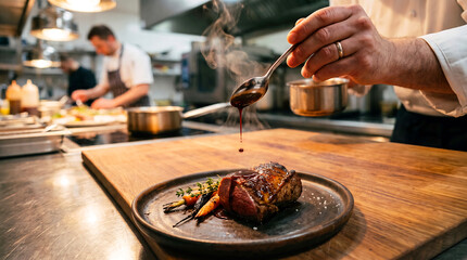 Fototapeta premium Professional chef finishing a gourmet meat dish by pouring rich savory sauce in a busy restaurant kitchen