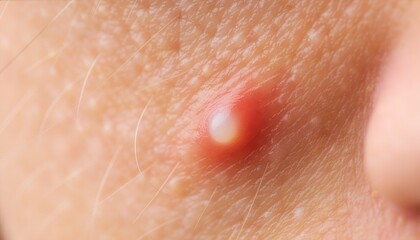 Fototapeta premium Macro shot of whitehead acne with detailed skin texture.