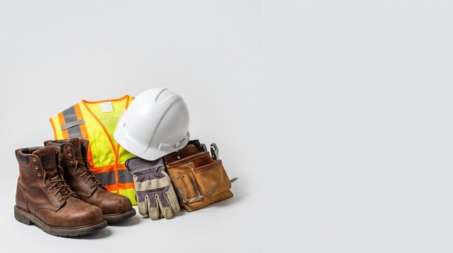 Construction safety gear with arranged collection construction gear tools including including hard hat gloves safety vest vest work boots neatly arranged with tool belt , Labour Day