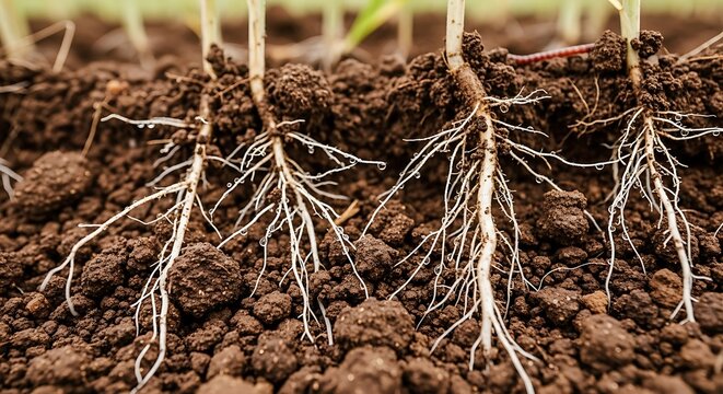 Detailed cross section of plant roots growing in fertile dark brown soil, showcasing root structure, agricultural growth, and underground botany