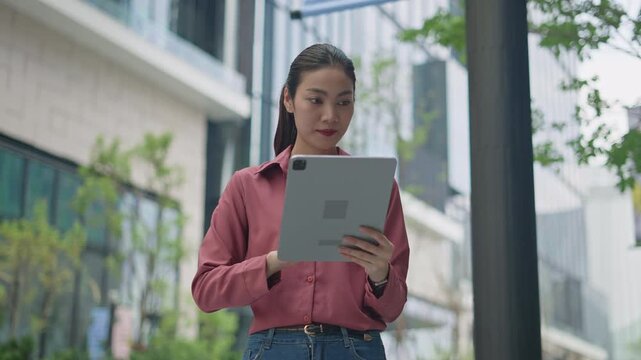 Successful asian business woman using phone outdoors.Happy businesswoman holding cellphone using smartphone or mobile phone standing or walking on city urban street,5g communicating with a colleague.
