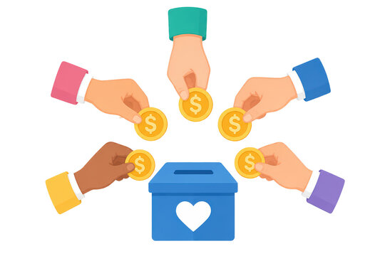 Hands donating coins to charity box