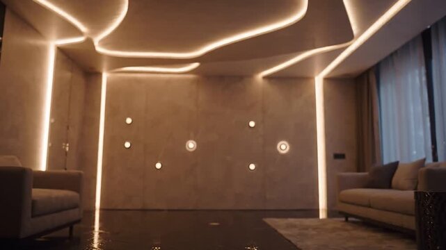 Hand interacts with illuminated hexagonal panel on textured floor, transitioning to modern living room with ambient lighting and minimalist furniture design