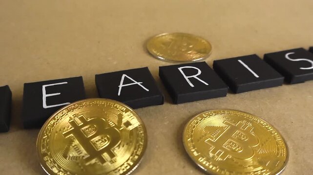 Golden bitcoin coins lying on a paper background next to black blocks spelling the word bearish, representing the negative trend and falling price of the cryptocurrency market