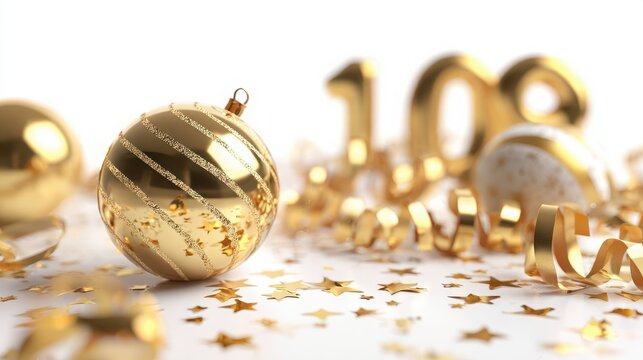 Golden Christmas bauble sits in the foreground with blurred celebration numbers and metallic ribbons scattered across a white surface to highlight a festive atmosphere for end of year social media.