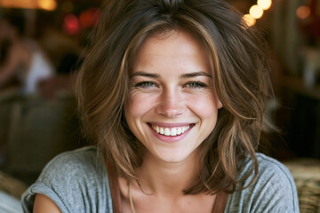Obraz premium Woman smiles in a casual cafe setting with warm lighting and soft background