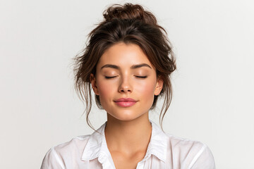 Fototapeta premium Woman with closed eyes is focused in a light setting while wearing a shirt