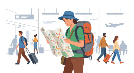 Fototapeta premium Female backpacker studying a large paper map in a busy airport terminal flat vector illustration.