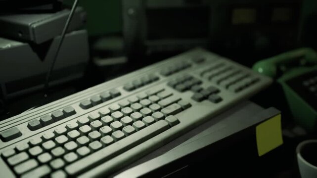 Noir office still life with keyboard, heavy shadows, coffee stain, calculator, sticky notes, dim lamp and cinematic composition for editorial mood imagery