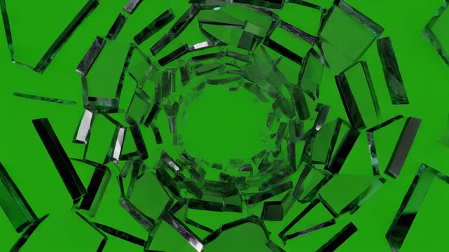 Green abstract tunnel with reflective shattering shards moving inward with ambient light