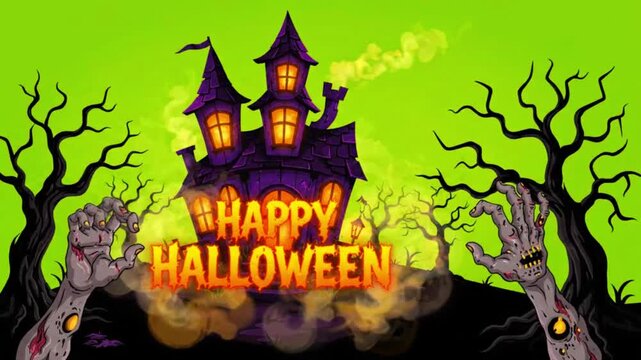 Spooky Halloween haunted house with glowing windows on a green screen background. Cartoon-style mansion scene for festive holiday editing and digit...