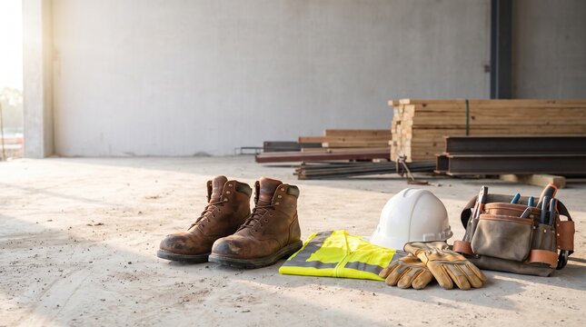Construction site safety gear with construction safety equipment tools building site floor protection workwear toolbelt industry hardware hardhat helmet with gloves , Labour Day