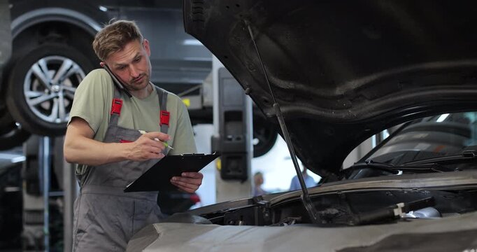 Mechanic calls customers for communication, in the car service center. Concept repair of machines fault diagnosis repair specialist, technical maintenance on-board computer.