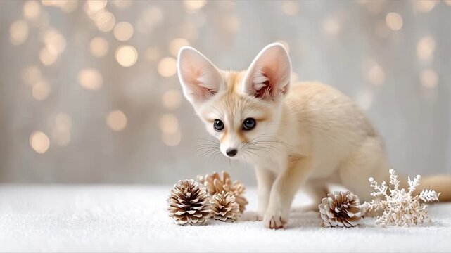 ?Cute fennec fox kit exploring pinecones with festive bokeh background