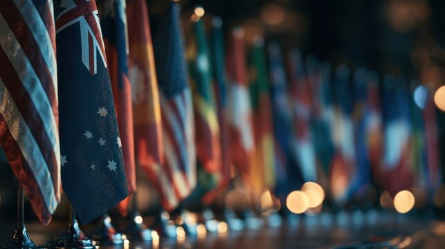 A formal ceremony where international representatives sign a trade agreement, symbolizing cooperation, diplomacy, and global economic partnership.