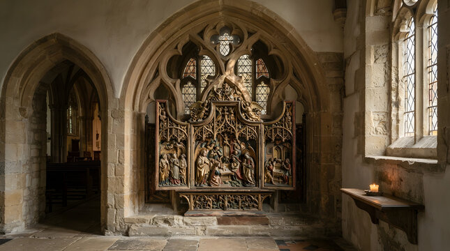 Ornate Gothic Stone Altar in Historic Church Interior.
