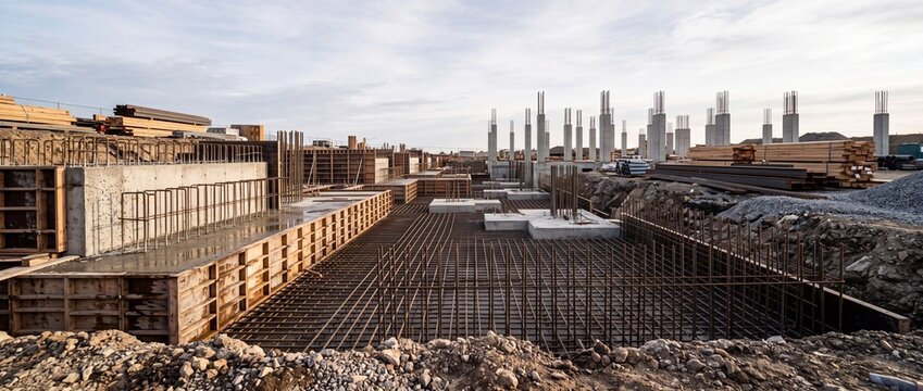Construction site with foundation with surrounded building materials rebar concrete surrounded foundation made infrastructure architecture development engineering , Labour Day