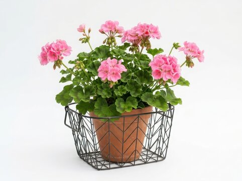 Pink geranium flowers in a black wire basket on white background isolated on white background