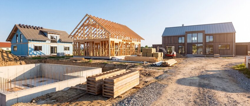 Houses under construction with exposed framing with construction site multiple houses various stages completion architecture development residential foundation , Labour Day