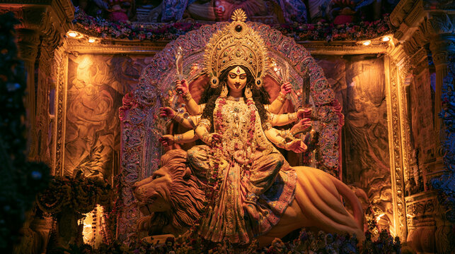 Goddess durga idol during durga puja festival, a vibrant celebration of hindu culture and divine feminine power