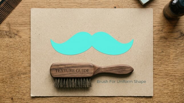 Professional wooden beard brush and cyan mustache cutout on paper board placed on a rustic table representing male grooming and facial hair styling tools for barber shops and personal care routine