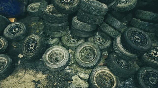 Closeup of stacked tires with teal tint, worn tread patterns and circular repetition, retro industrial mood and strong graphic composition, ideal for texture
