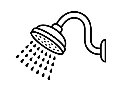 Black and white shower head with flowing water illustration
