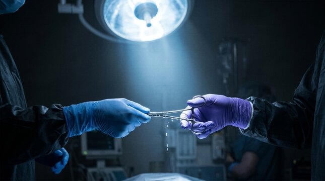 Surgeons passing stainless steel hemostatic clamp under bright surgical lamp during critical operation in dark hospital theater