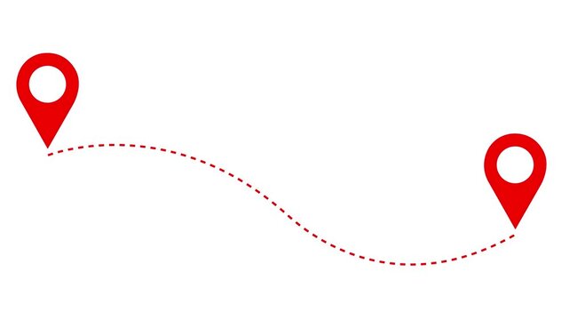 Red location pin icons connected by a dotted path on white and green screen backgrounds, 4k video