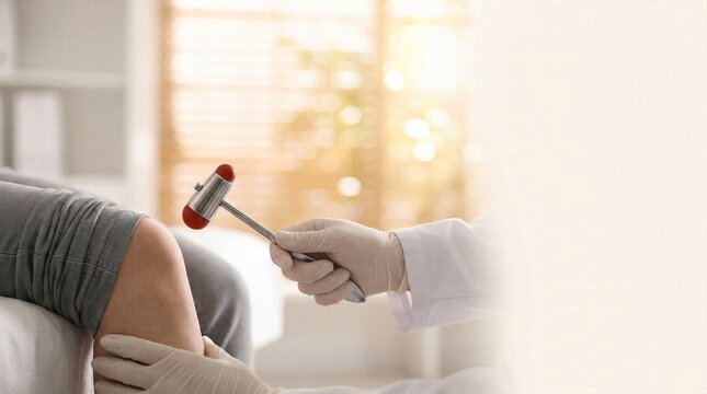 Neurologist doctor hand testing patient knee reflex with medical hammer during physical examination in bright sunny clinic with copy space