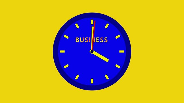 Different clocks display various times while the word business appears on each clock. The bright yellow background adds a lively touch to the presentation