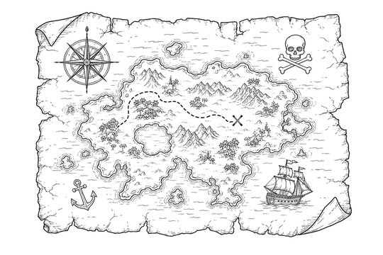 weathered treasure map, antique treasure map, vintage treasure map, pirate treasure map, aged map, old parchment map, weathered parchment, treasure hunt map, pirate map, adventure map, explorer map, v