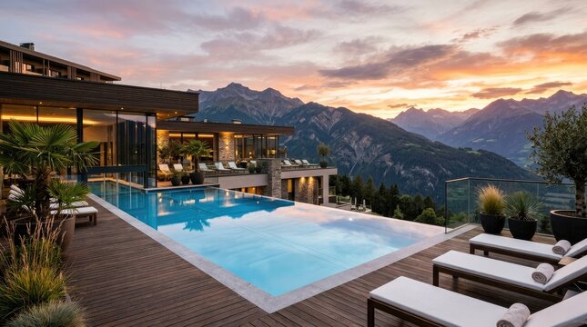 A luxurious, modern villa with a stunning infinity pool overlooking a mountain range at sunset.