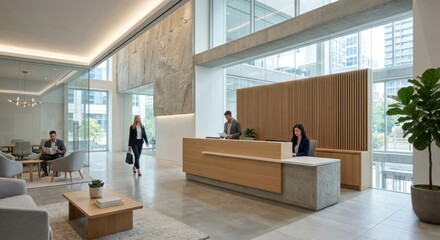 Fototapeta premium Modern Office Reception Area with Natural Wood and Concrete Elements
