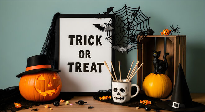 Halloween decorations with trick or treat sign pumpkin black cat and spiderweb setup