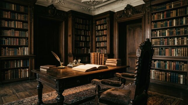 Vintage Classic Library Interior with Antique Wooden Desk Open Book and Quill in a Moody Atmosphere