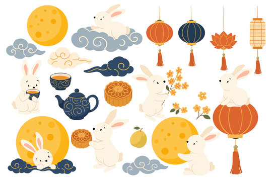 Mid-Autumn Festival clipart set with cute rabbits, lanterns, moon and mooncakes