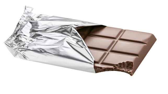 Milk chocolate bar with bite mark in silver foil wrapper